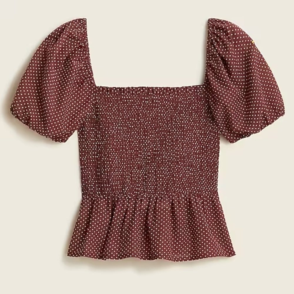 NWT J. Crew polka pin dot smocked peplum top XS
